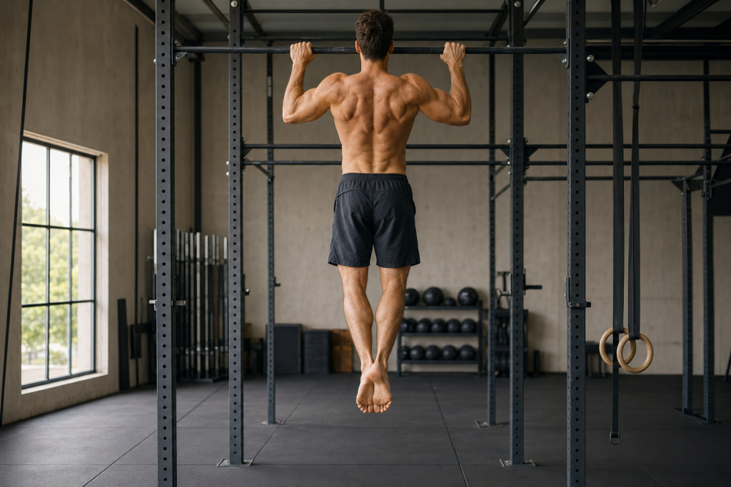Male Athlete Performing Pull-Ups on a Gym Rig Rear view of a shirtless male athlete in board shorts performing pull-ups on a gym rig.