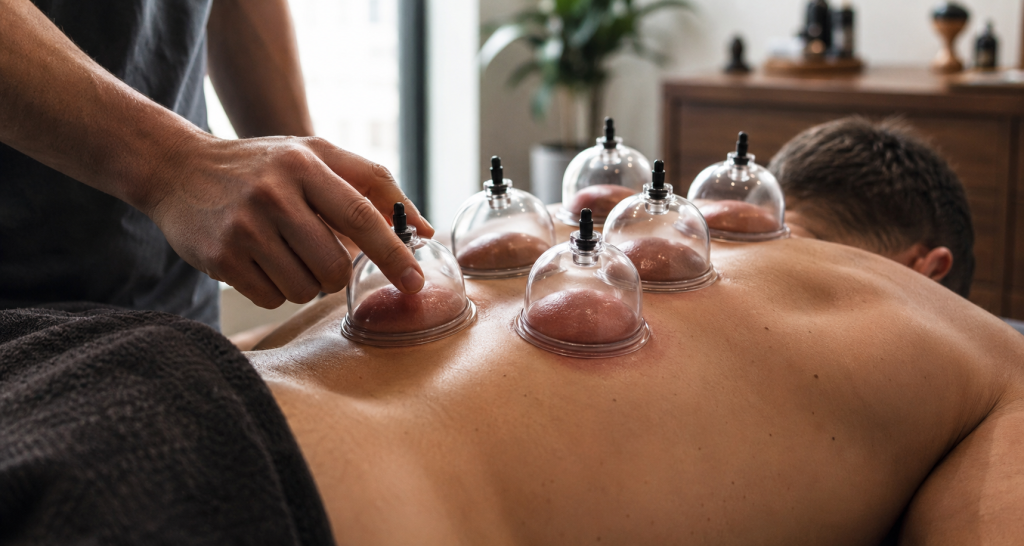 Cupping Therapy Applied to an Athlete’s Back Close-up of an RMT applying transparent cupping therapy cups to a male athlete’s upper and mid-back.